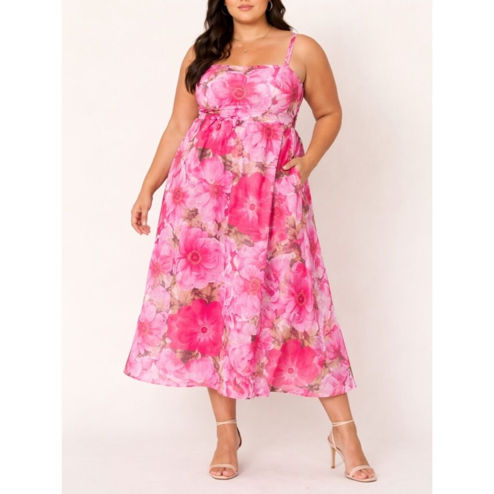 Arula Adeline Floral Midi-Maxi Dress Pink Size XL Sleeveless Bow Back Chiffon